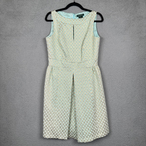 Lauren Ralph Lauren Dress Womens 10 Mint Green Gold Jacquard Brocade Party Glam - Picture 2 of 14